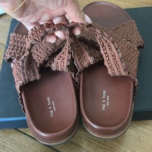 Rag & Bone 6.5  Bailey Brown Leather Cross Strap Ruched Slip On Sandals